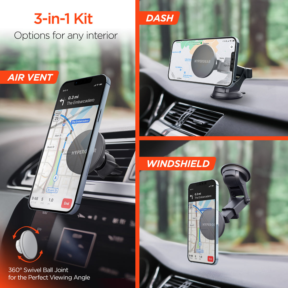 HyperGear Mag Grip 3-in-1 Magnetic Car Phone Mount Kit – Black