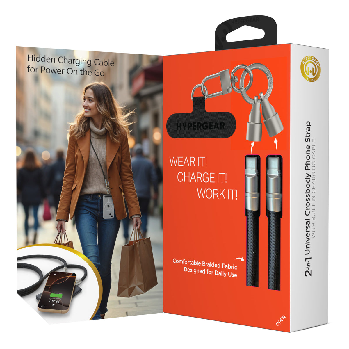 HyperGear 2-in-1 Crossbody Phone Strap & USB-C Charging Cable – Black