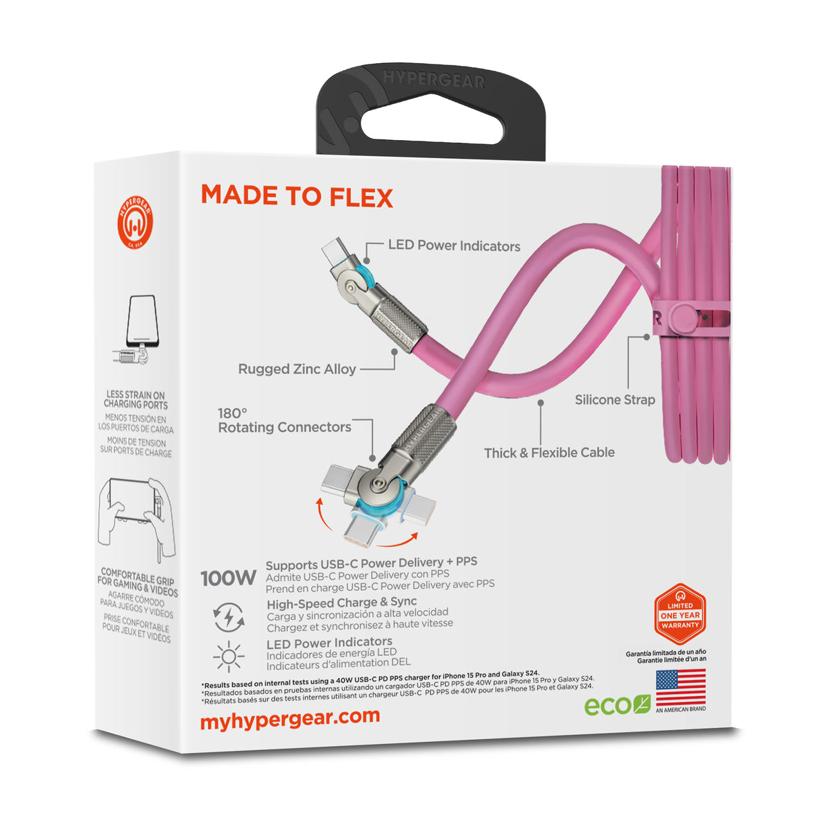 HyperGear Chunky180° 100W USB-C Cable, 12ft – Pink