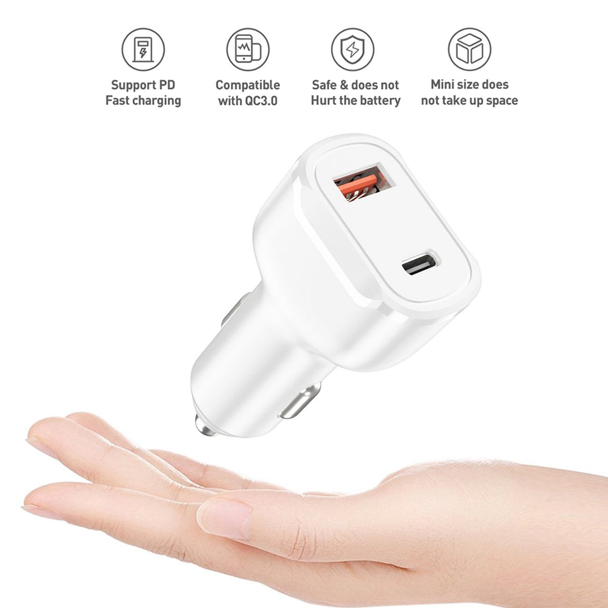 Reiko 36W Dual-Port PD Car Charger with 4 ft USB-C to 8-Pin Cable – White