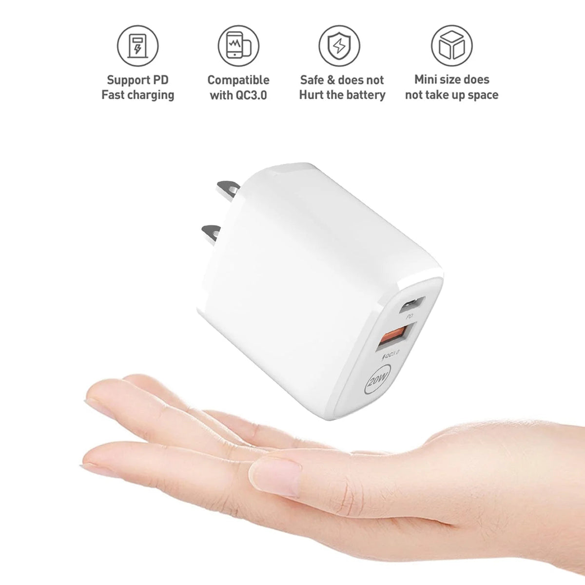 Reiko 20W Dual-Port PD Wall Charger with 4 ft USB-C to 8-Pin Cable – White