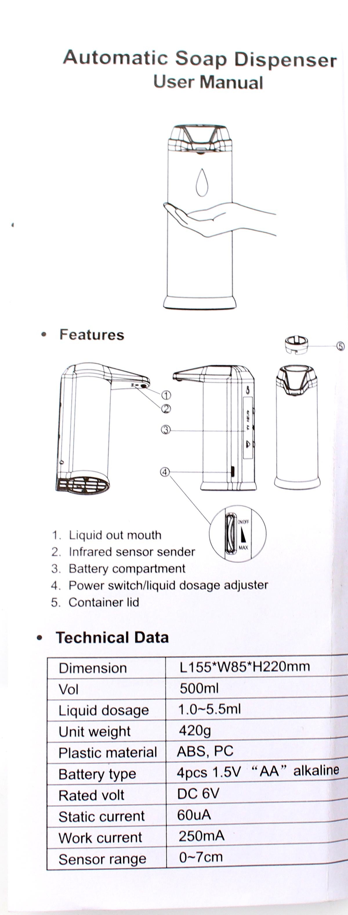 Automatic soap dispenser manual showing component diagrams and specifications, including 500 ml capacity and four AA batteries.