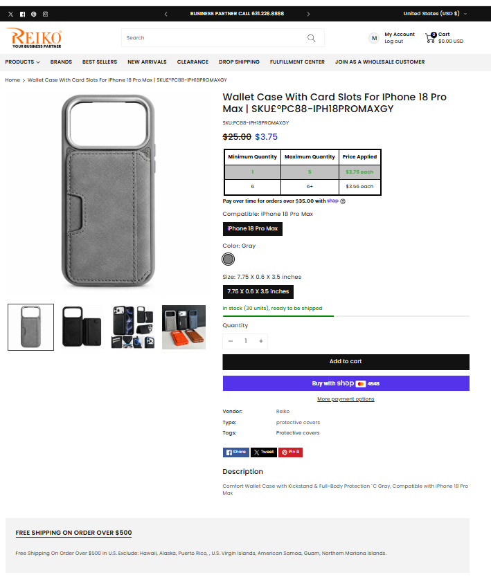 Supplier screenshot showing the gray Reiko wallet case and product details