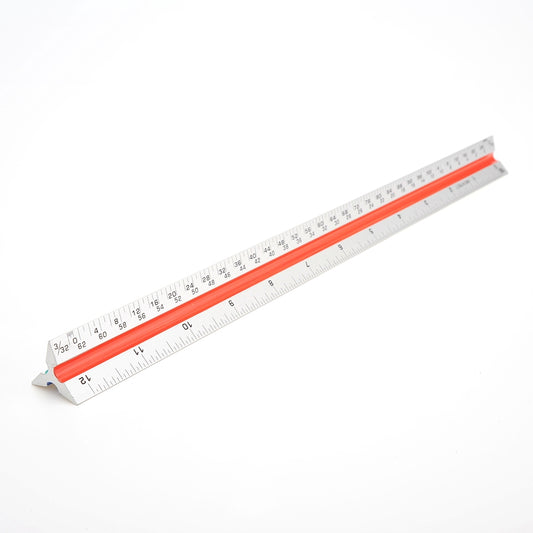 Triangular architectural drafting ruler designed for measuring scaled drawings