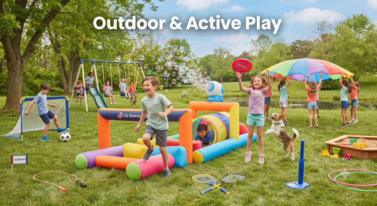 Children playing outdoors with active toys, sports gear, and play equipment on a sunny lawn for the Outdoor & Active Play collection at US Stores