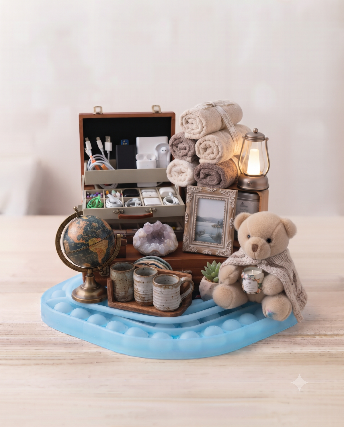Plush teddy bear holding a candle with rolled towels, ceramic mugs, lantern, and home lifestyle decor items at US Stores