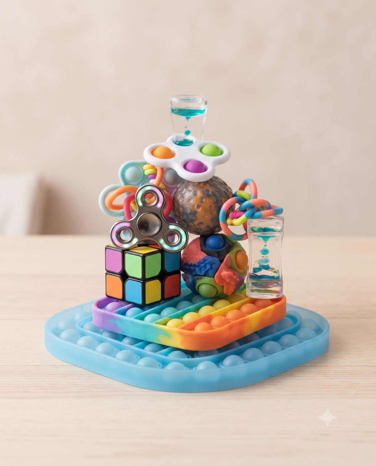 A curated collection of vibrant sensory and fidget toys, including a rainbow pop-it mat, a multi-colored infinity cube, a metal fidget spinner, and assorted stress balls, arranged artfully for a US Stores product card.