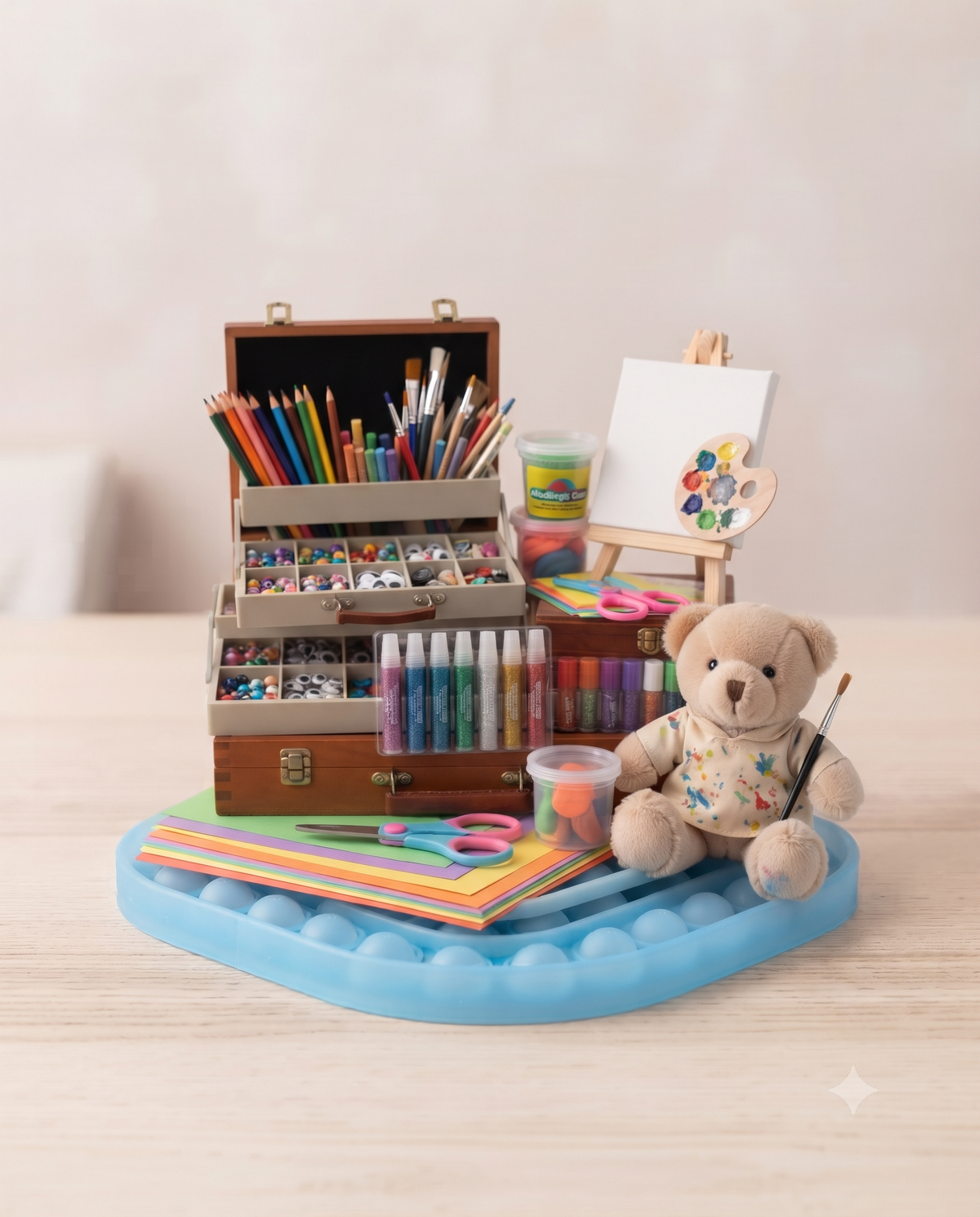 Plush artist teddy bear holding a paintbrush with an art box, easel, colored pencils, and craft supplies for kids at US Stores