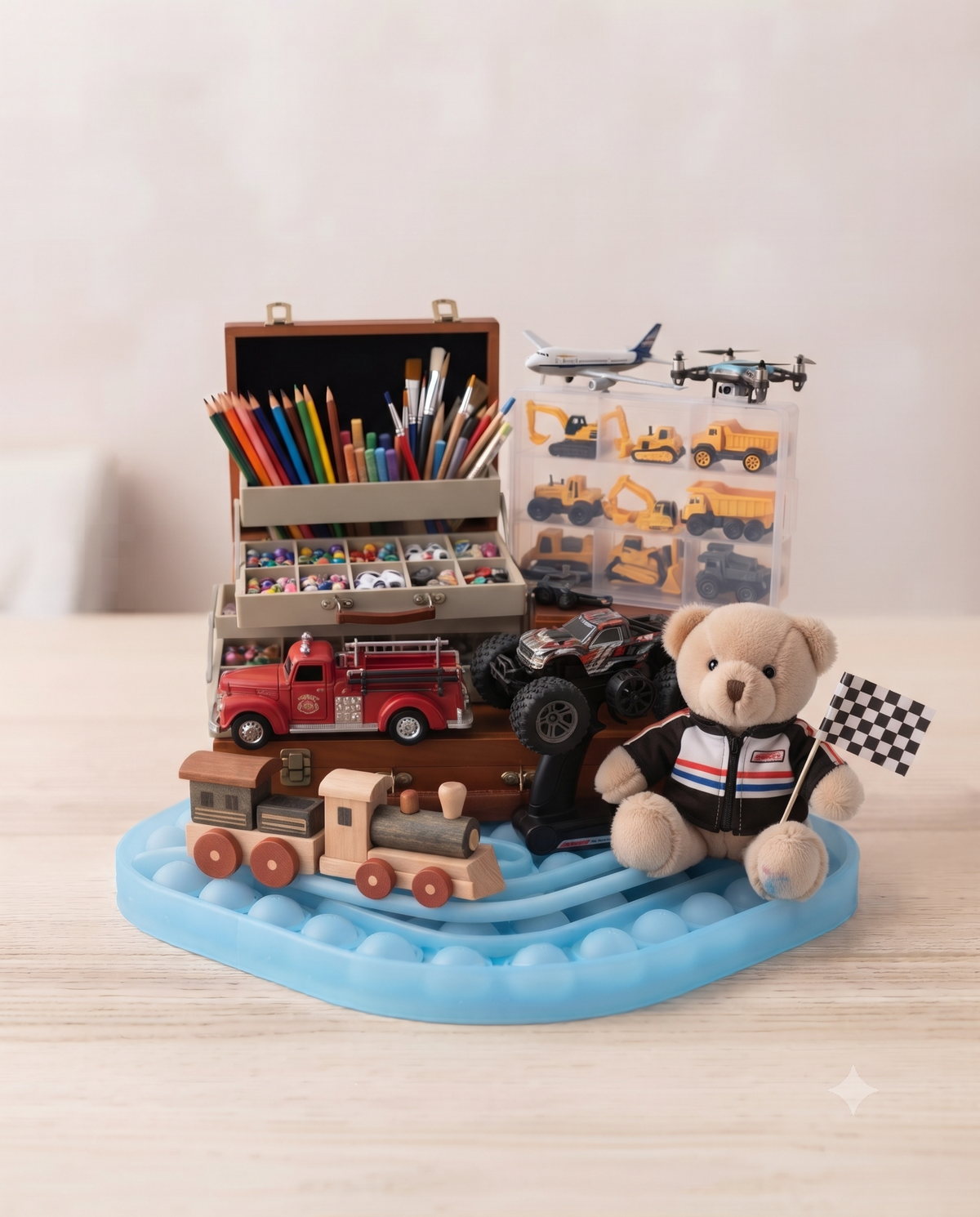 Plush racing teddy bear with checkered flag, RC monster truck, fire truck, toy train, and vehicles for kids at US Stores