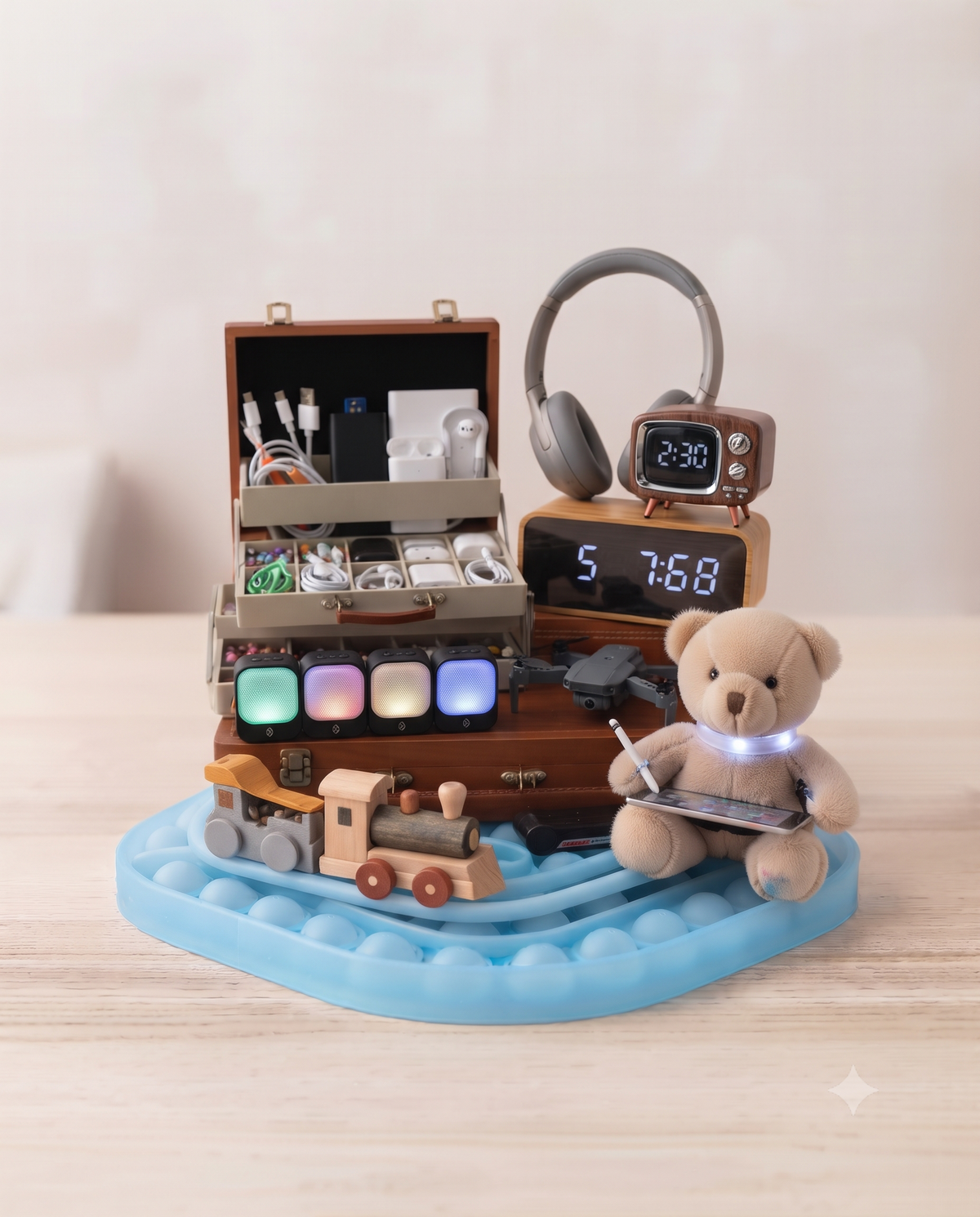 Plush teddy bear with tablet and headphones, digital clock, wireless speakers, and tech gadgets for kids at US Stores