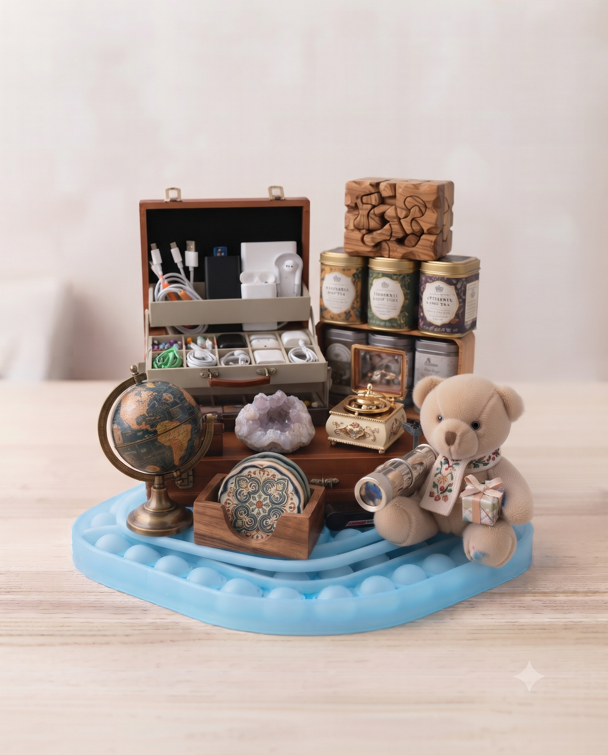 Plush teddy bear with gift and telescope, vintage globe, crystal cluster, and unique decor items arranged as a gift collection display for kids at US Stores