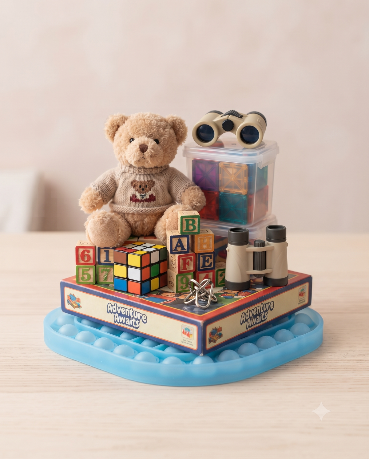 A charming collection of toys and games for kids at US Stores, featuring a cute plush teddy bear in a sweater, wooden alphabet blocks, a puzzle cube, toy binoculars, and board games arranged in a neat grid display.