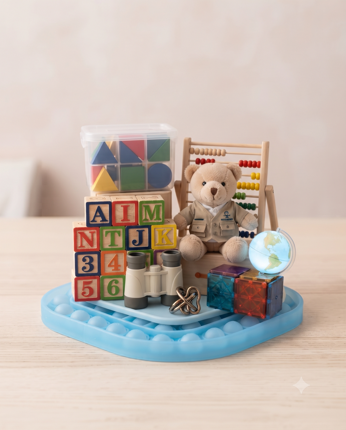 A curated collection of educational toys and discovery playsets for kids at US Stores, featuring a plush explorer teddy bear, an abacus, alphabet and number wooden blocks, magnetic tiles, a mini globe, and binoculars arranged in an organized display.