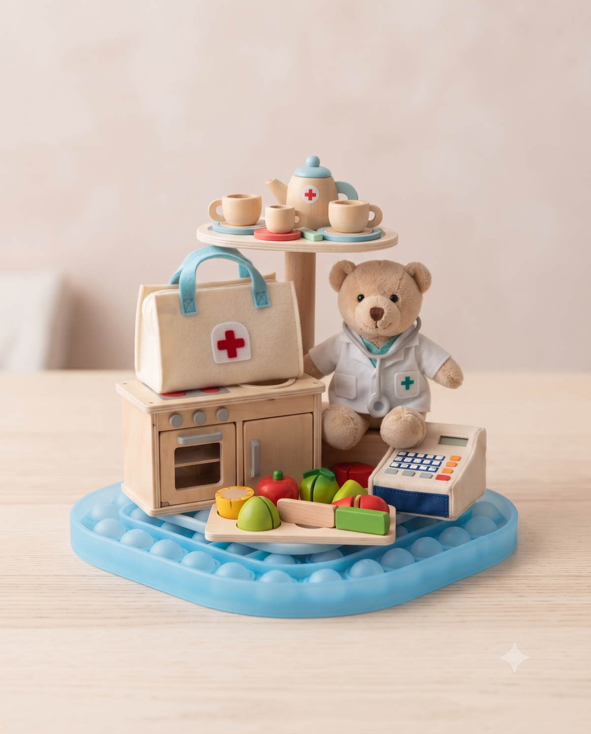 A curated collection of pretend play toys for kids at US Stores, featuring a plush teddy bear doctor with a stethoscope, a felt medical bag, a wooden kitchen playset, a cash register, and a tea set, all arranged in a charming layered display.