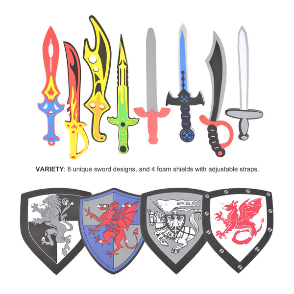 Pack of 12 Foam Swords and Shields Playset, Medieval Combat Ninja Warrior Weapons