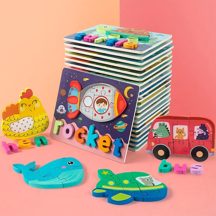 10 Pack Wooden Toddler Puzzles Spelling; Montessori Toy Toddler Baby Ages 2 - 4 Puzzles Early Develop; Toys Learning Education Preschool Gifts - US Stores