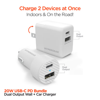 HyperGear 20W USB-C PD Wall & Car Charger Bundle – White