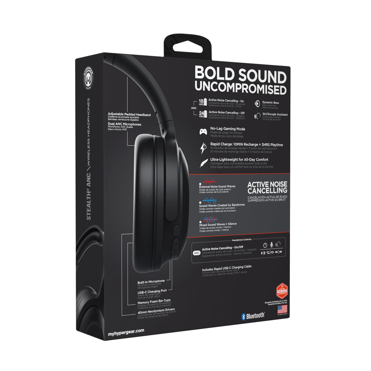 HyperGear Stealth2 ANC Wireless Over-Ear Headphones – Black