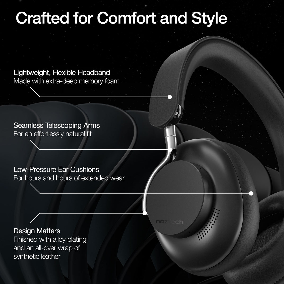 Naztech Aura 360 ANC Wireless Over-Ear Headphones – Midnight
