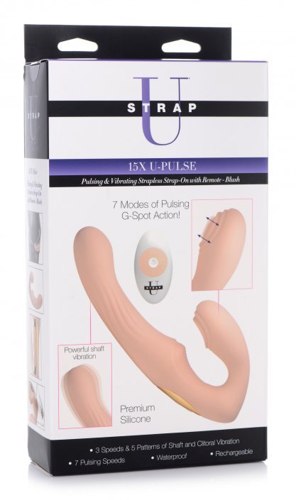 15X U - Pulse Silicone Pulsating and Vibrating Strapless Strap - on with Remote - Blush - US Stores