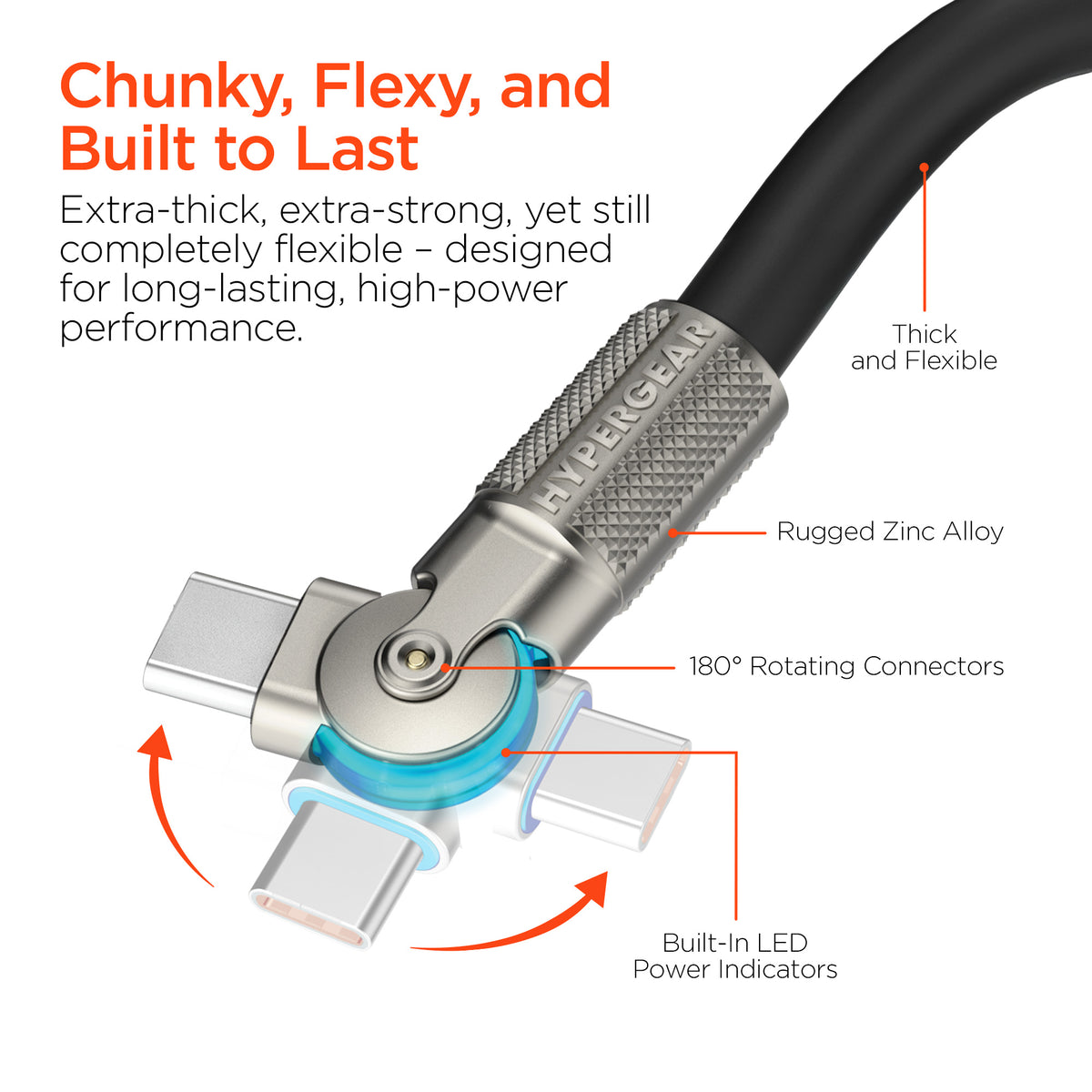 HyperGear Chunky180° 100W USB-C Cable, 6ft – Black