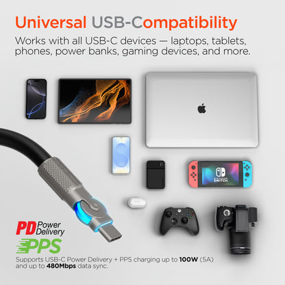 HyperGear Chunky180° 100W USB-C Cable, 6ft – Black