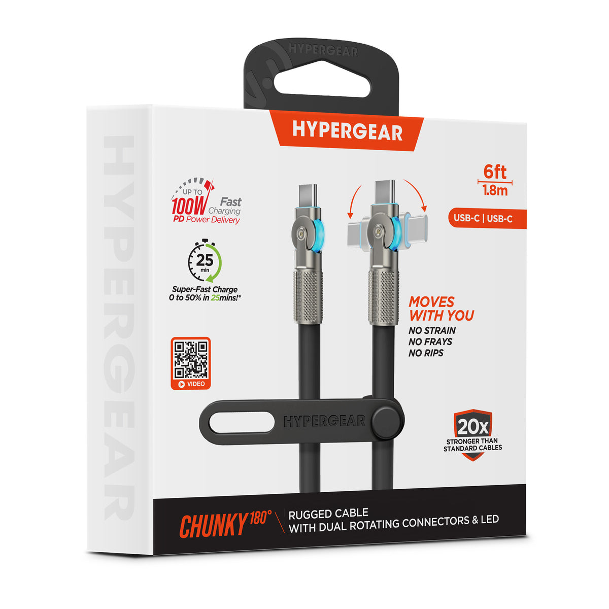 HyperGear Chunky180° 100W USB-C Cable, 6ft – Black
