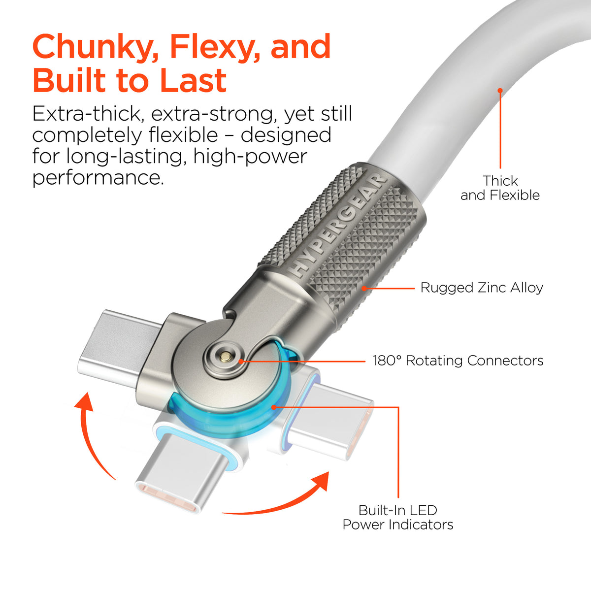 HyperGear Chunky180° 100W USB-C Cable, 6ft – White