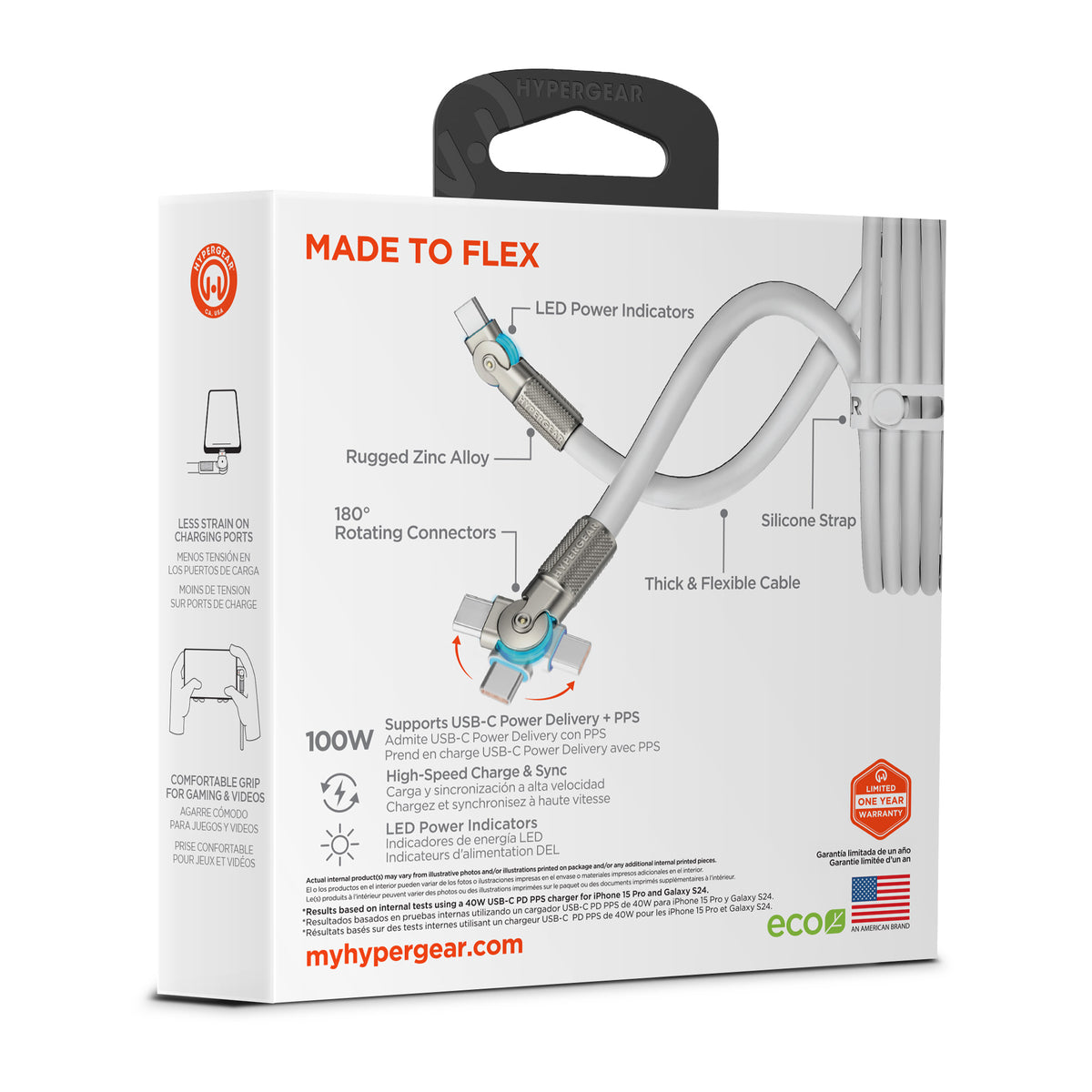 HyperGear Chunky180° 100W USB-C Cable, 6ft – White
