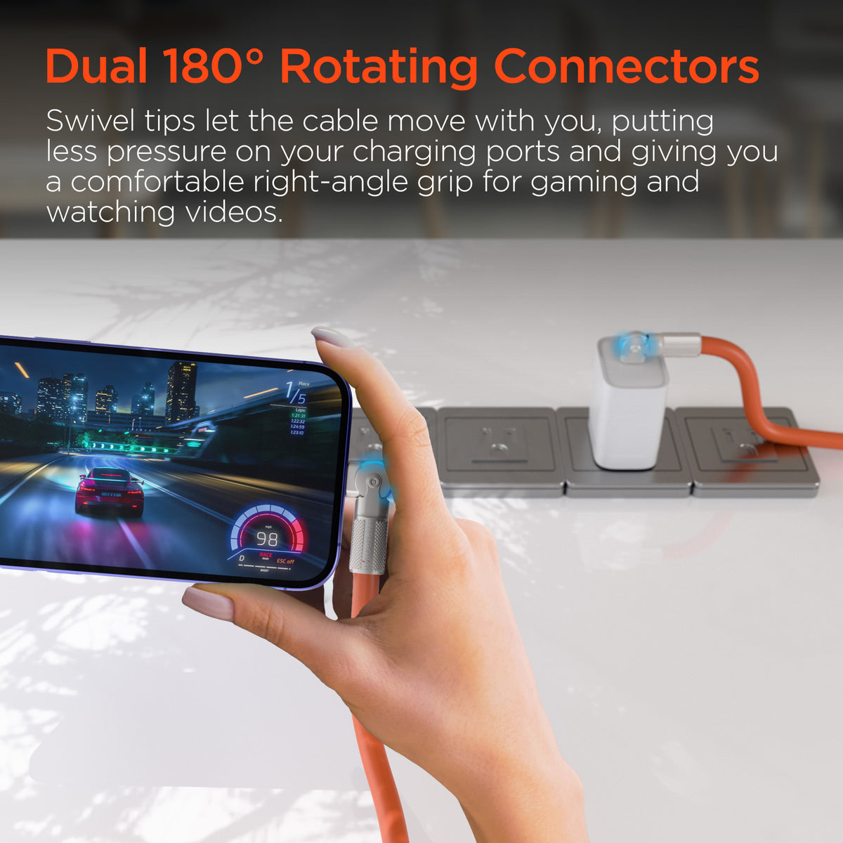 HyperGear Chunky180° 100W USB-C Cable, 6ft – Orange