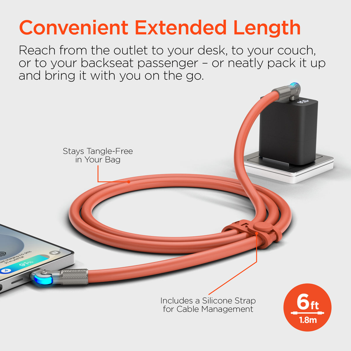 HyperGear Chunky180° 100W USB-C Cable, 6ft – Orange