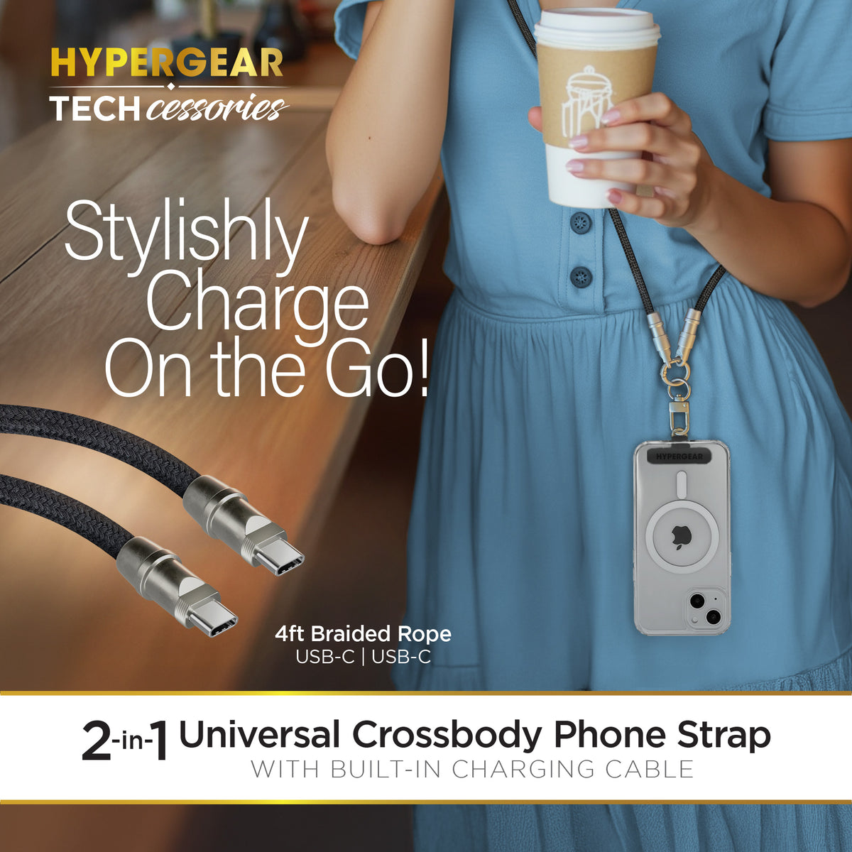 HyperGear 2-in-1 Crossbody Phone Strap & USB-C Charging Cable – Black