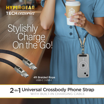 HyperGear 2-in-1 Crossbody Phone Strap & USB-C Charging Cable – Black
