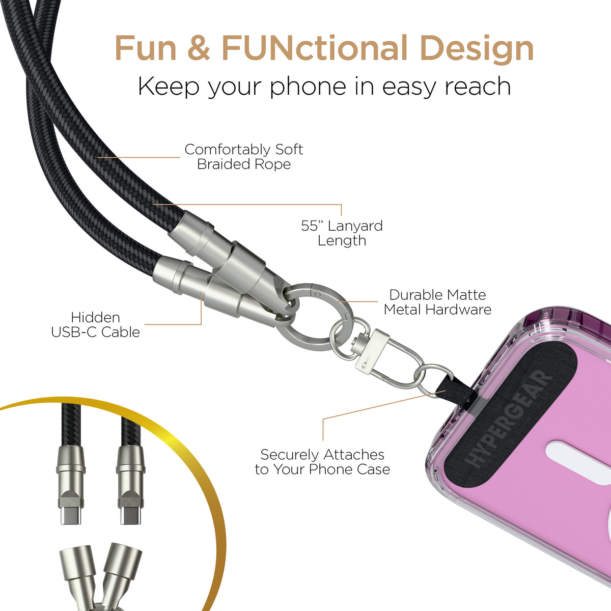 HyperGear 2-in-1 Crossbody Phone Strap & USB-C Charging Cable – Black