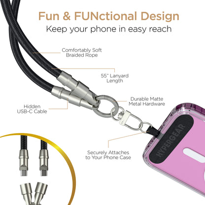 HyperGear 2-in-1 Crossbody Phone Strap & USB-C Charging Cable – Black