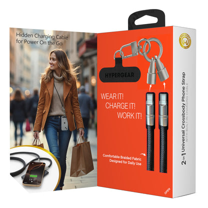 HyperGear 2-in-1 Crossbody Phone Strap & USB-C Charging Cable – Black