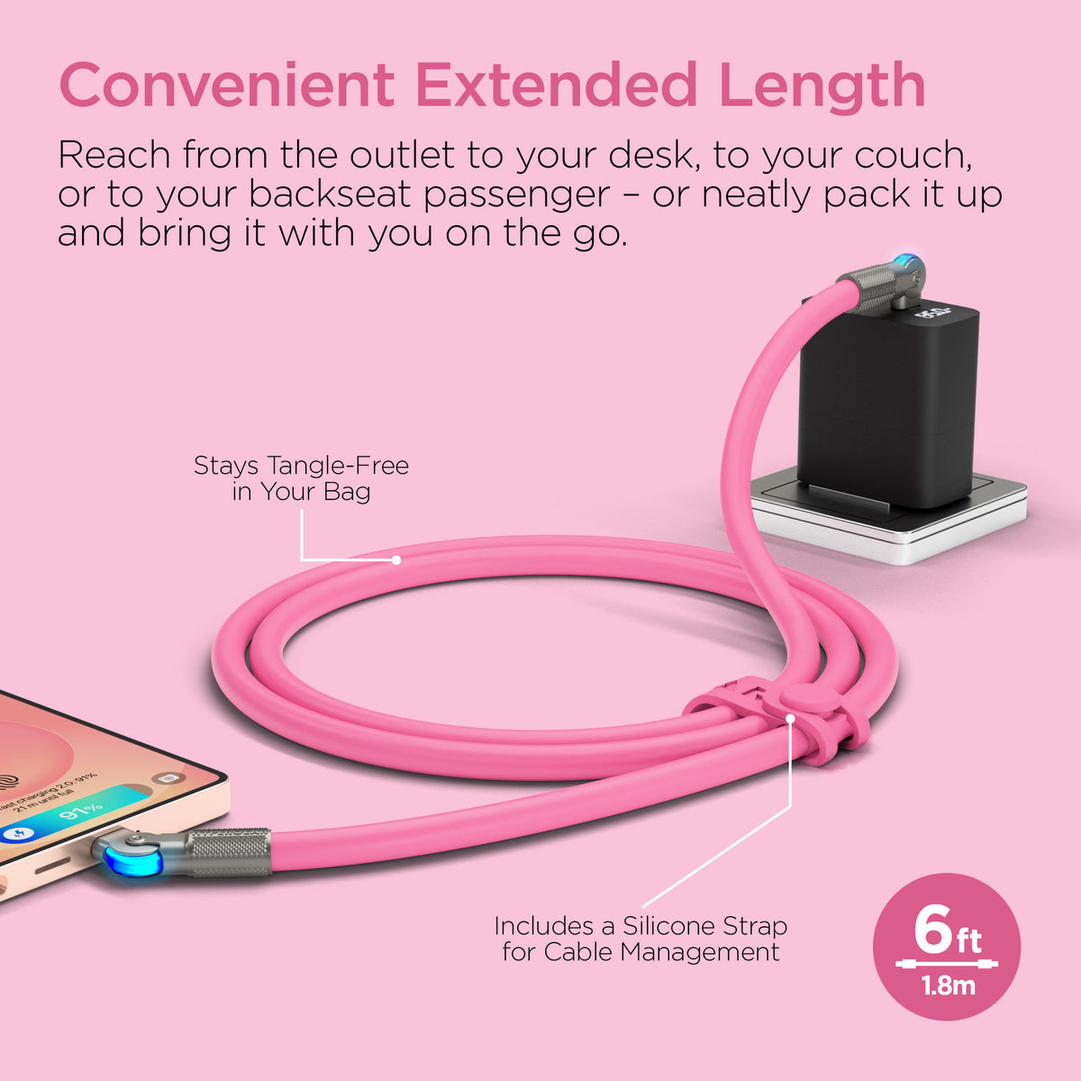 HyperGear Chunky180° 100W USB-C to USB-C Cable, 6 ft – Pink