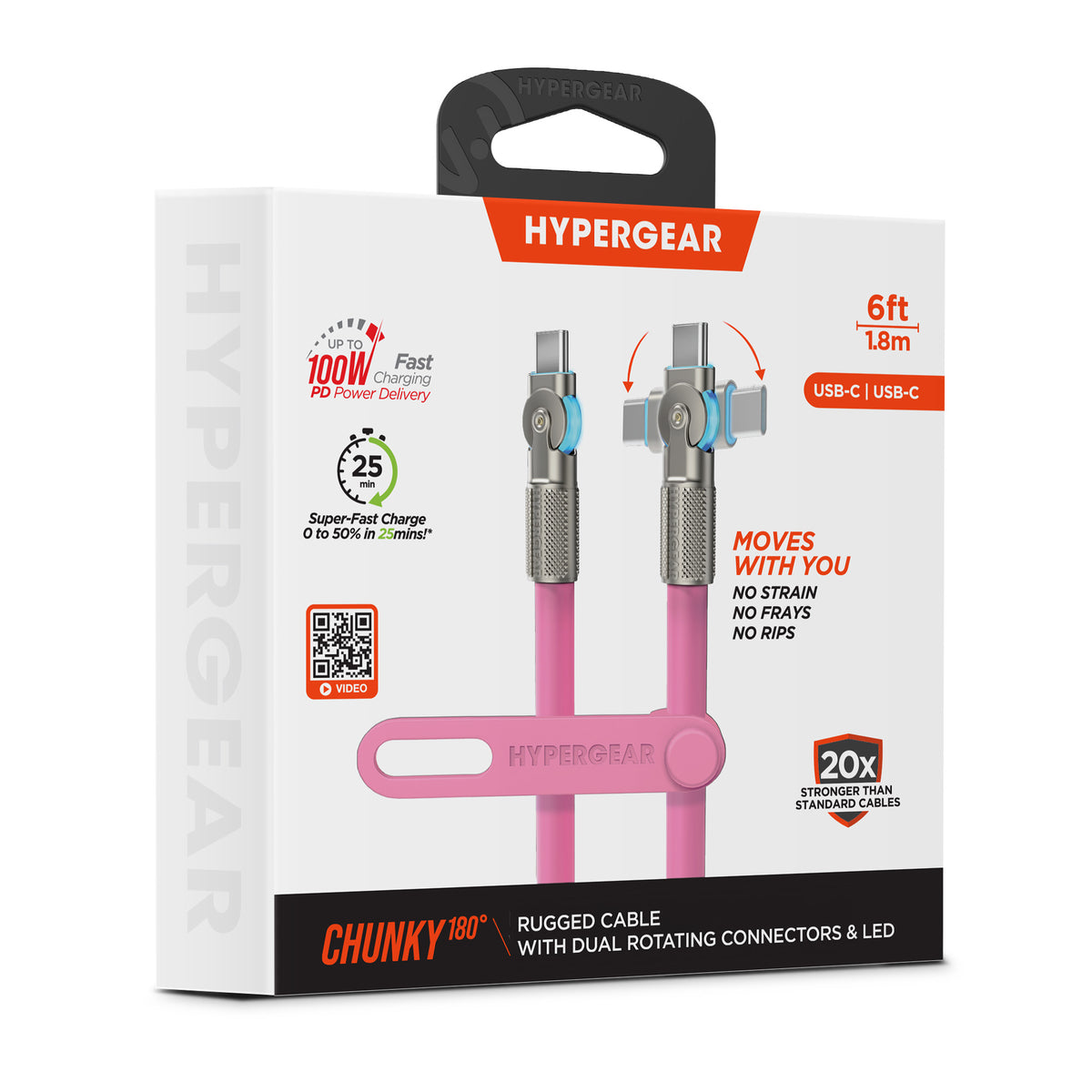 HyperGear Chunky180° 100W USB-C to USB-C Cable, 6 ft – Pink