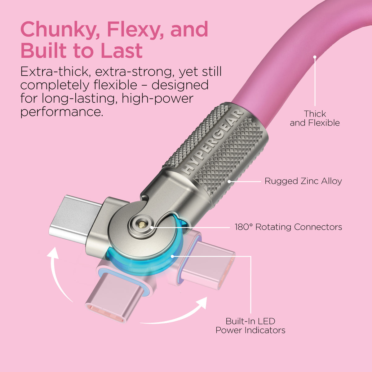HyperGear Chunky180° 100W USB-C Cable, 12ft – Pink