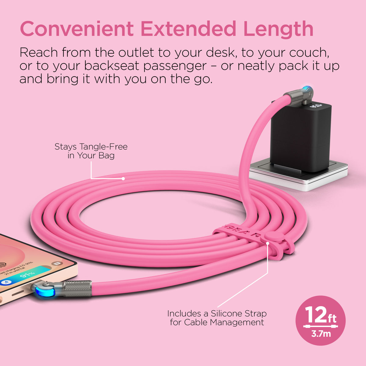 HyperGear Chunky180° 100W USB-C Cable, 12ft – Pink