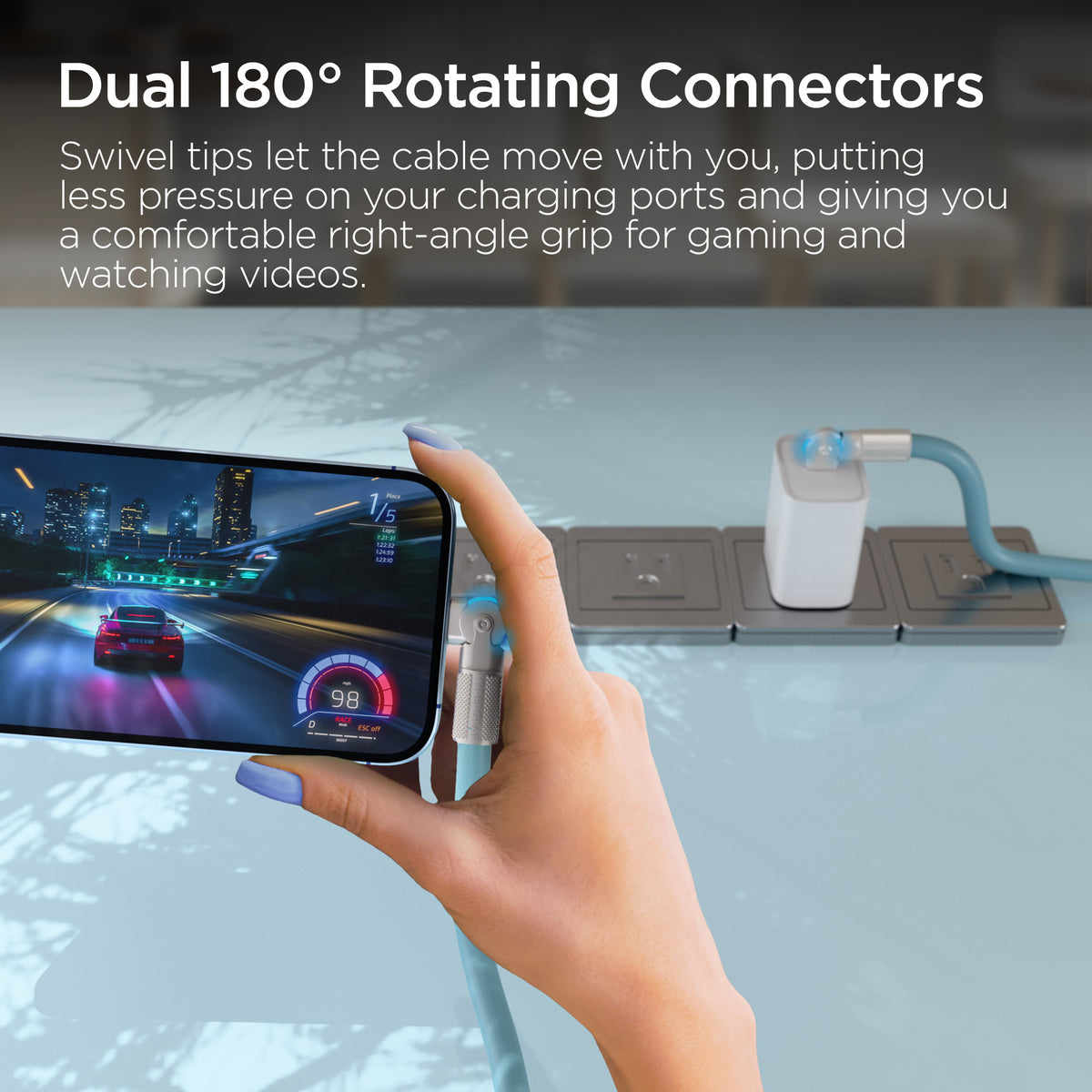 HyperGear Chunky180° 100W USB-C Cable, 6ft – Sky Blue