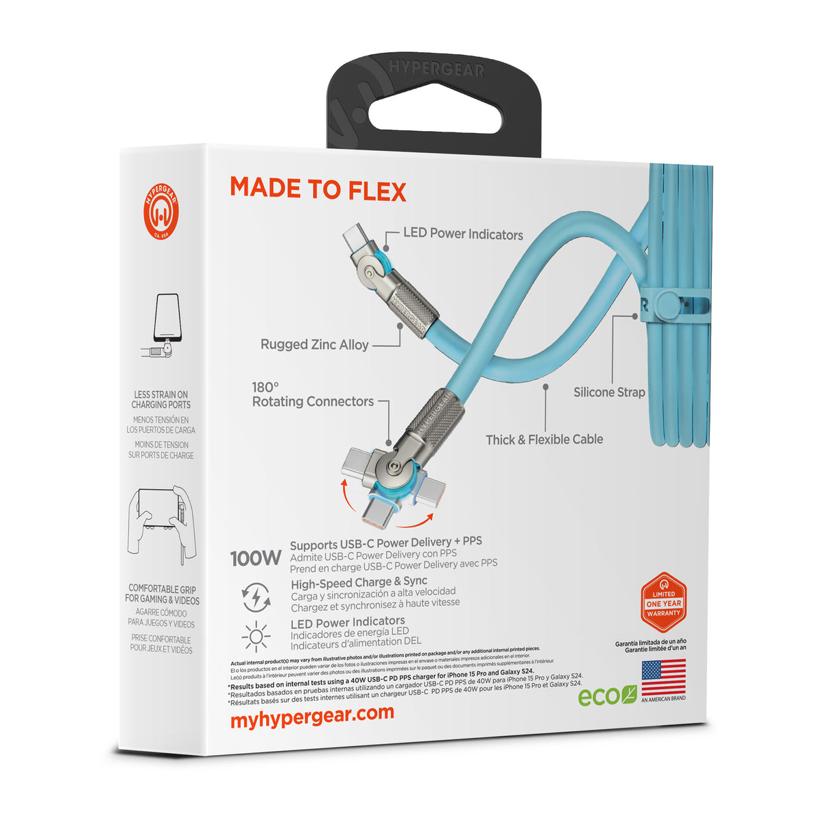 HyperGear Chunky180° 100W USB-C Cable, 6ft – Sky Blue