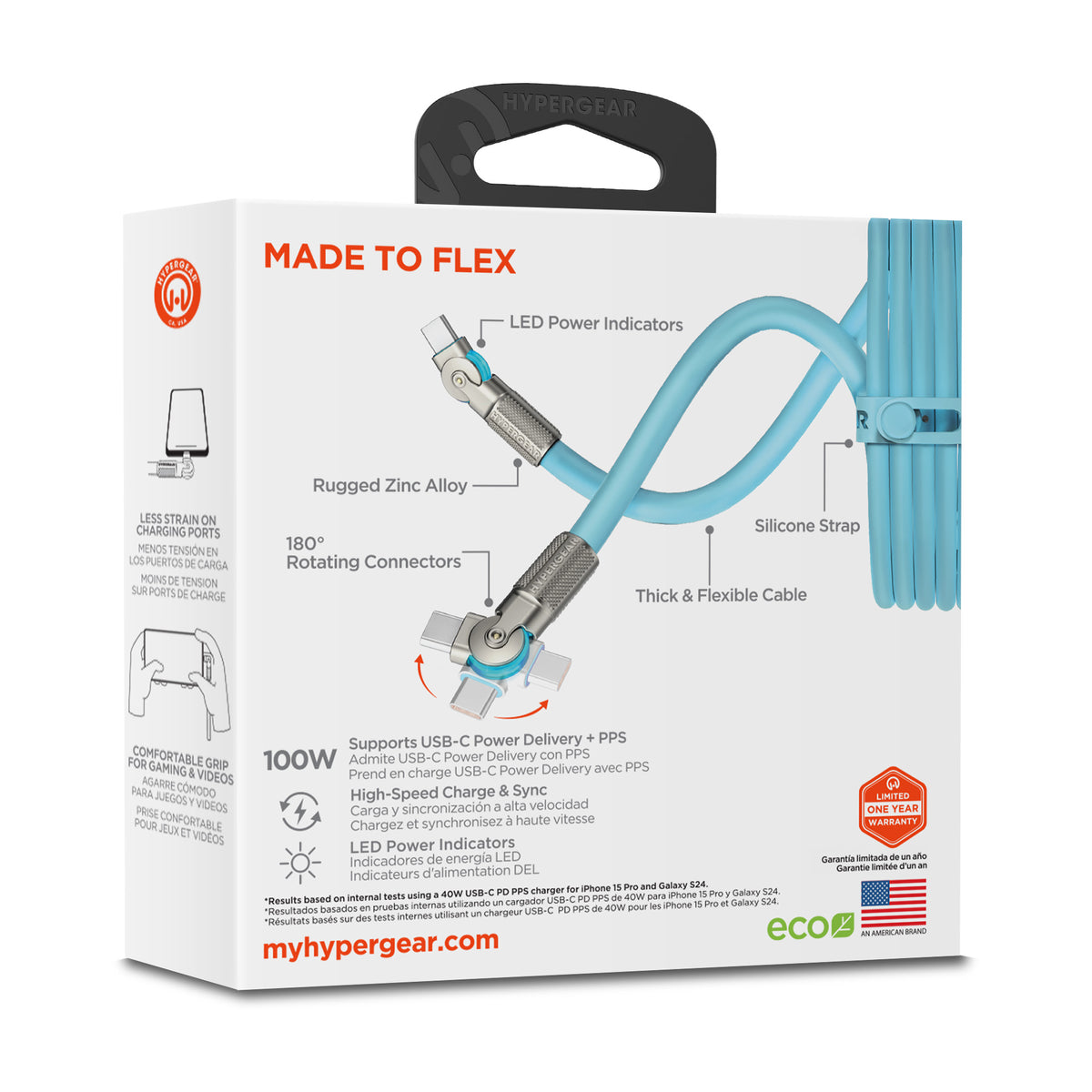 HyperGear Chunky180° 100W USB-C Cable, 12ft – Sky Blue