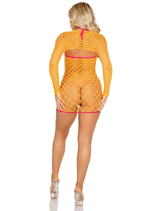 2 Pc Eyelet Net Mini Dress With Tie - Front Keyhole and Shrug O/s - Neon Orange - US Stores