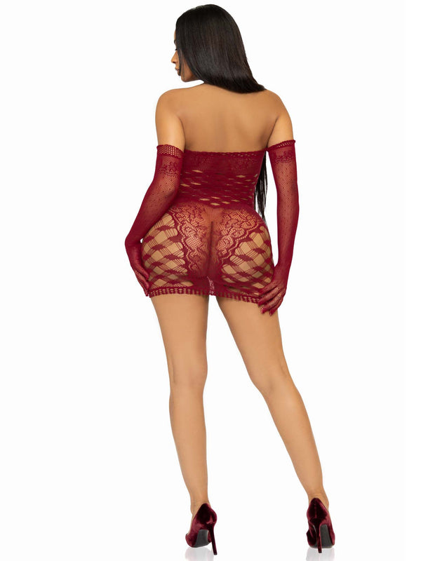 2 Pc Hardcore Net Tube Dress With Gloves - One Size - Burgundy - US Stores