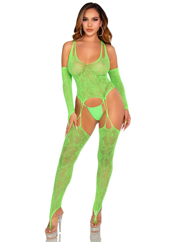 2 Pc Lace Halter Footless Cami Garter With Attached Toe Loop Stockings O/s - Neon Green - US Stores