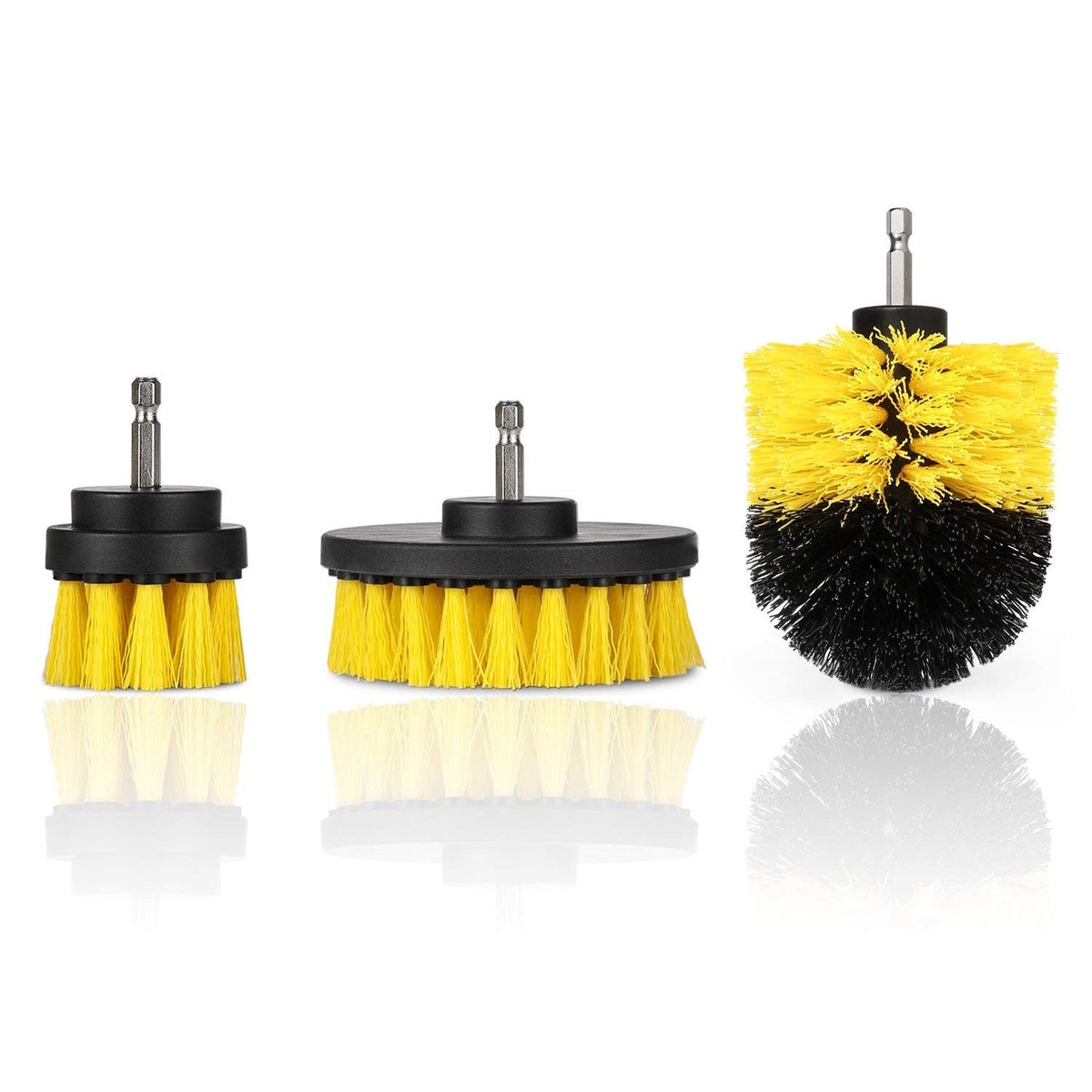 Three yellow and black drill brush attachments with metal shafts, including small round, large round, and rounded brushes.