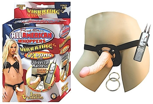 All American Whoppers Vibrating 6.5-Inch Dong With Universasl Harness - Flesh