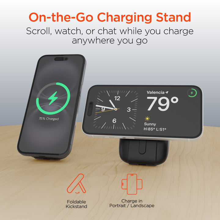 5,000mAh | Mag Grip Go Magnetic Wireless Fast Charge Power Bank with Built - In Cables | Black - US Stores