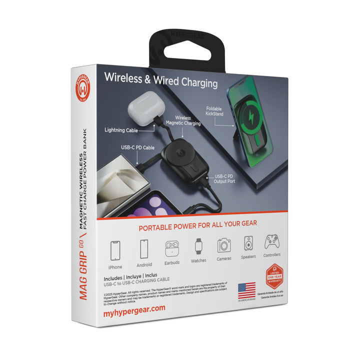 5,000mAh | Mag Grip Go Magnetic Wireless Fast Charge Power Bank with Built - In Cables | Black - US Stores